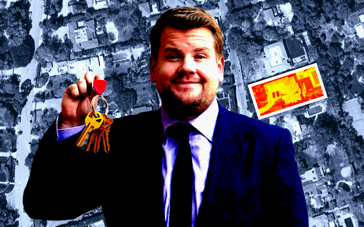 A photo illustration of Late night TV host James Corden and 300 North Cliffwood Avenue (Getty, Google Maps)
