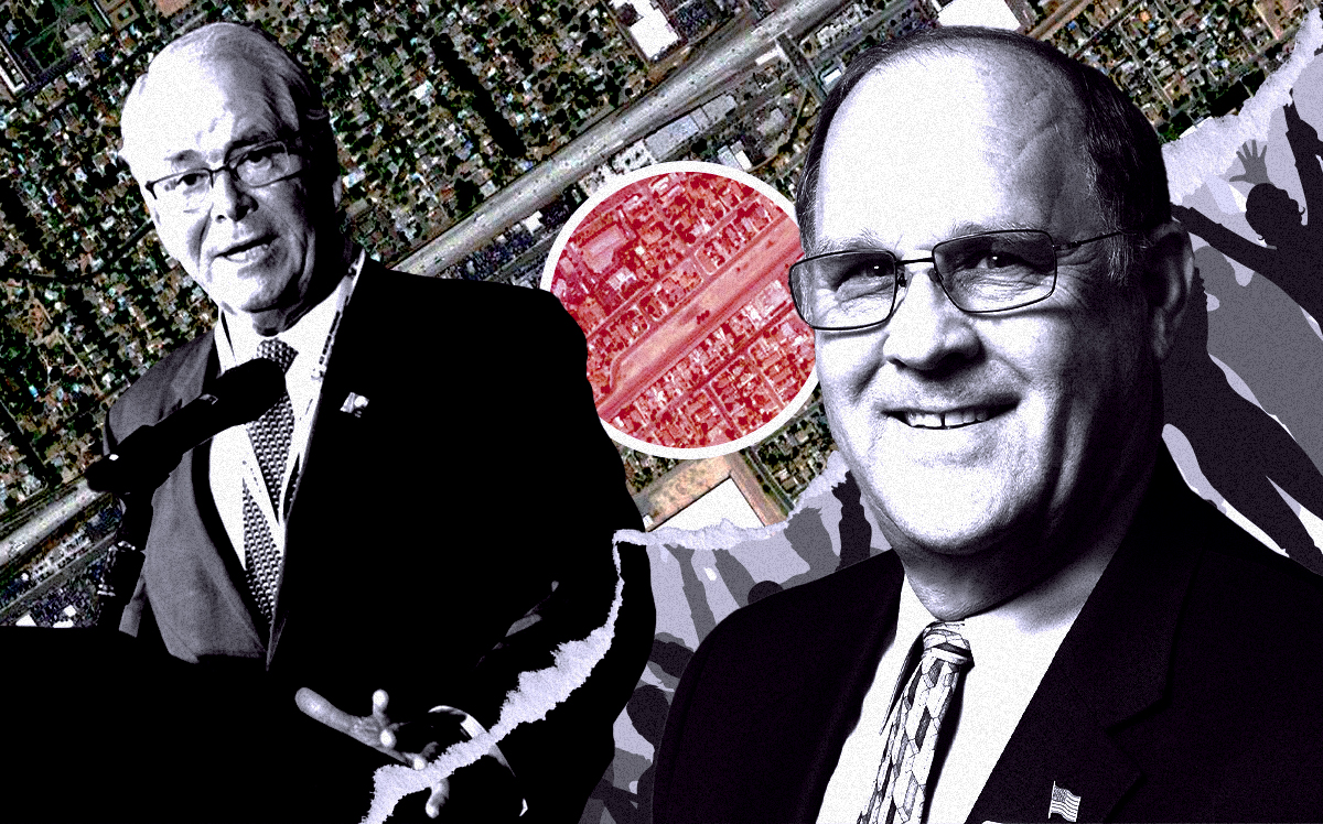 From left: Gilbane Development's Thomas F. Gilbane and Riverside Councilman Chuck Conder Jr. along with the project site on the southside of Railroad Avenue, between Madison and Jefferson streets in Riverside (Getty, Google Maps, Gilbane Development, Facebook/Chuck Corder)