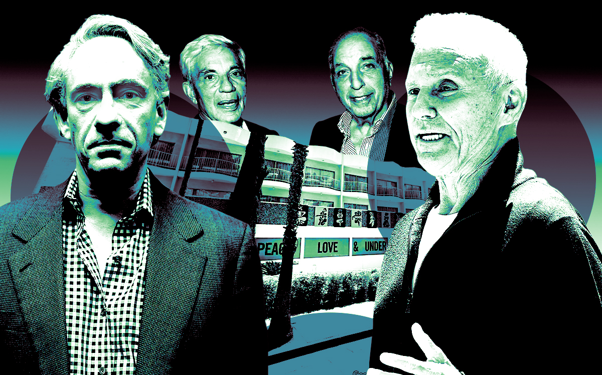 From left: Ed Scheetz, Simon Reuben, David Reuben, and Ian Schrager along with 8300 Sunset Boulevard (Getty, Google Maps)