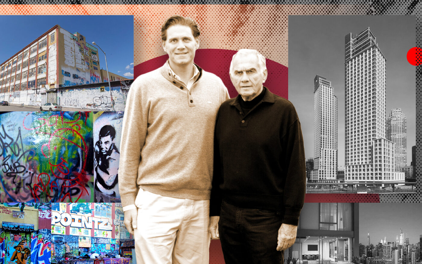 David (left) and the late Jerry Wolkoff, photographed for TRD in 2014, delivered a bungled luxury project at 22-44 Jackson Avenue (far right) after knocking down a beloved graffiti mecca to do so.