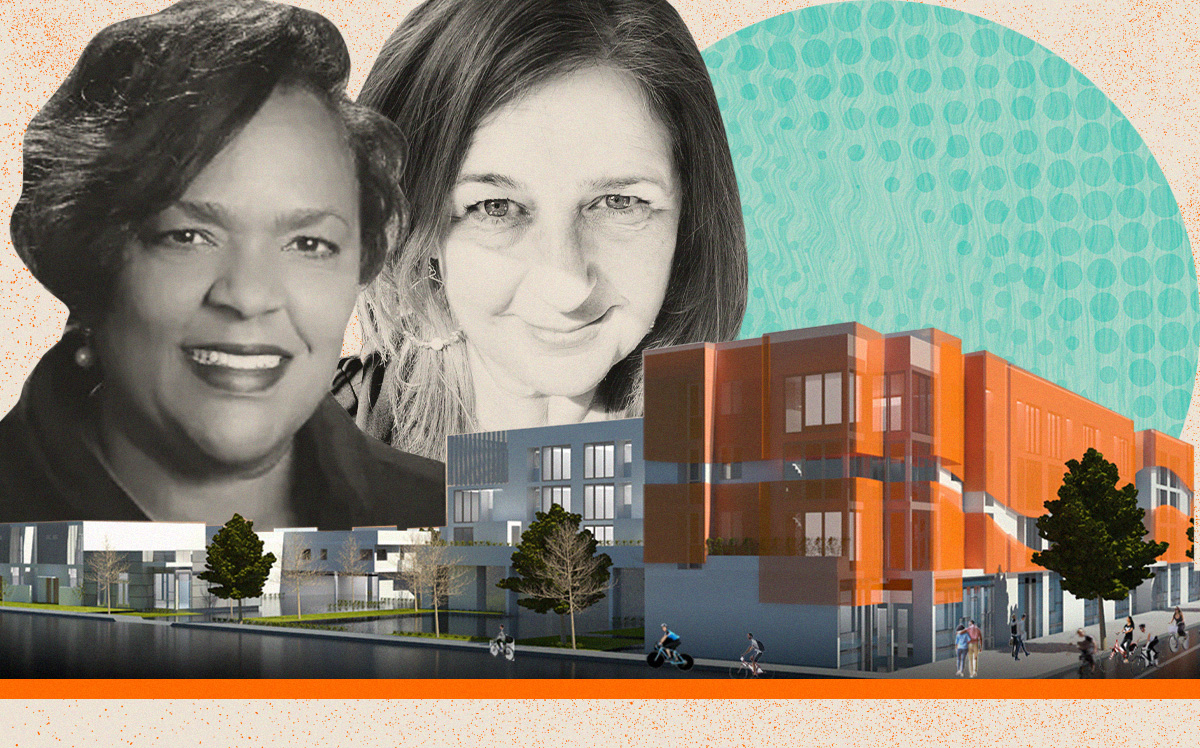 Neighborhood Housing Services of Los Angeles County's Lori Gay and Abode Communities' Holly Benson with rendering of 8727 South Broadway