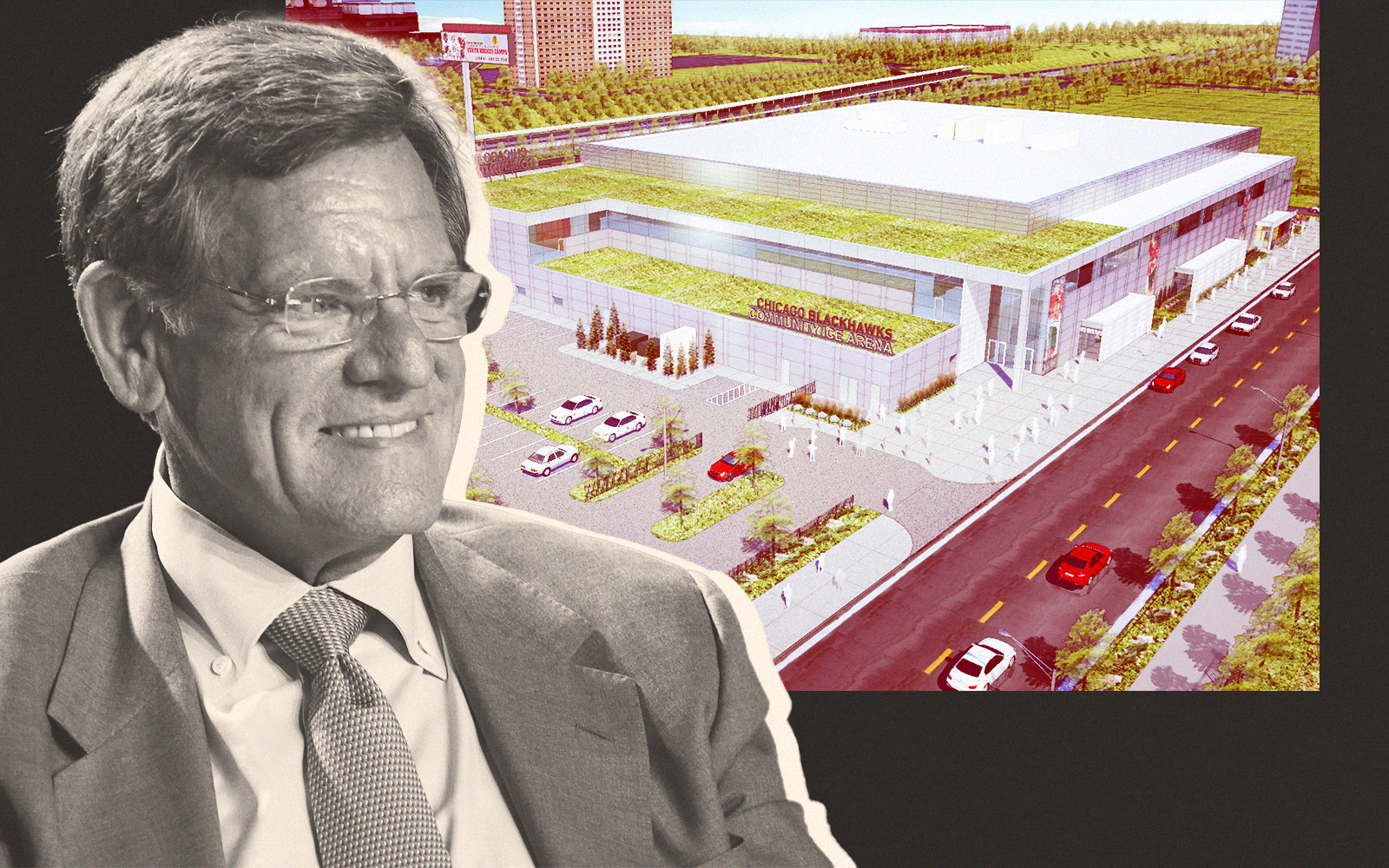 Blackhawks Chairman Rocky Wirtz with rendering of Fifth Third Arena