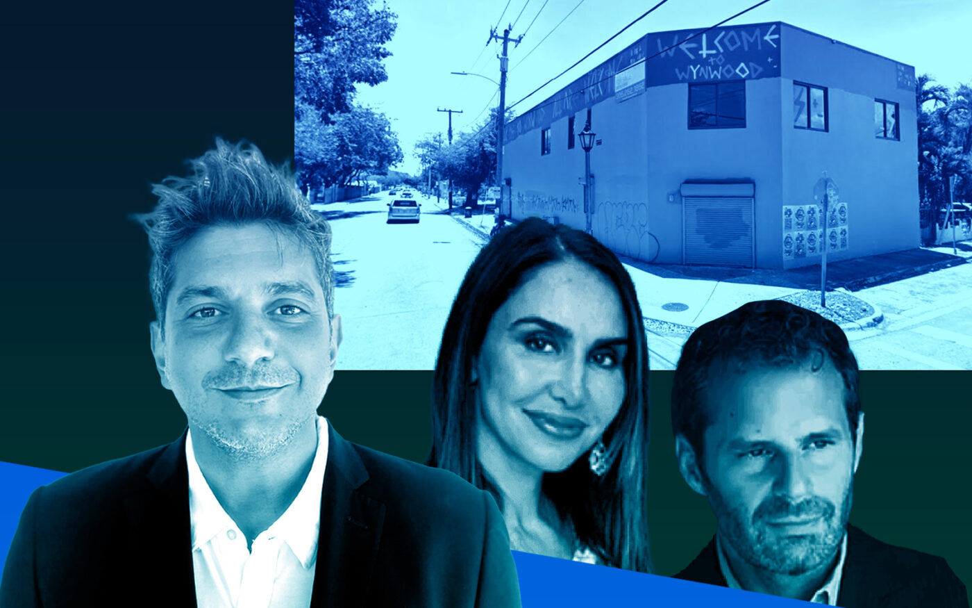 From left: Babba Joshua Yesharim, David and Leila Centner and 3442 and 3490 Northwest Second Avenue in Wynwood