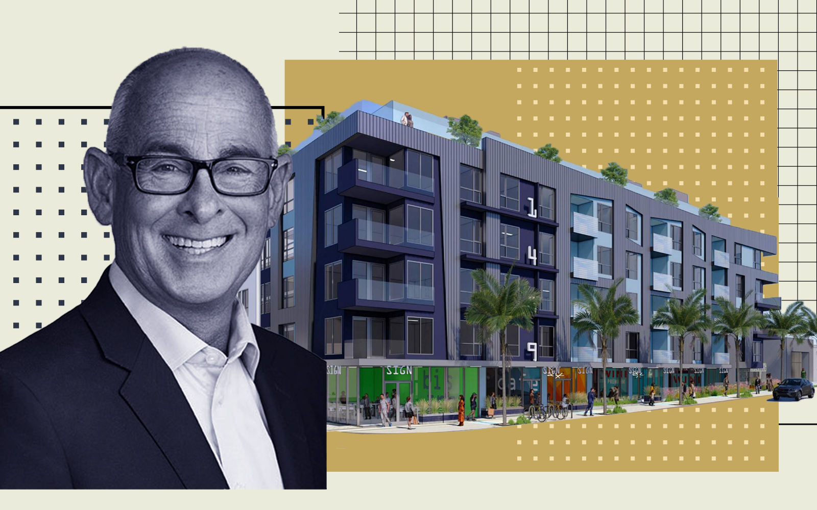 Champion Real Estate's Bob Champion and a rendering of plans for 1485-1503 Sunset Boulevard