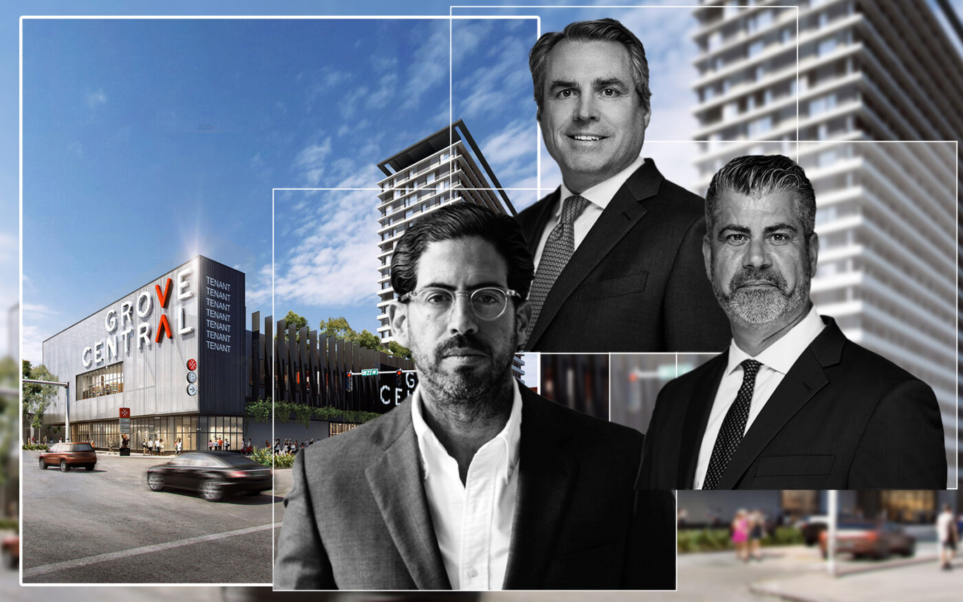 Render of Grove Central project in Miami with Grove Central developers David Martin of Terra, and Justin Kennedy and Peter LaPointe of Grass River Property