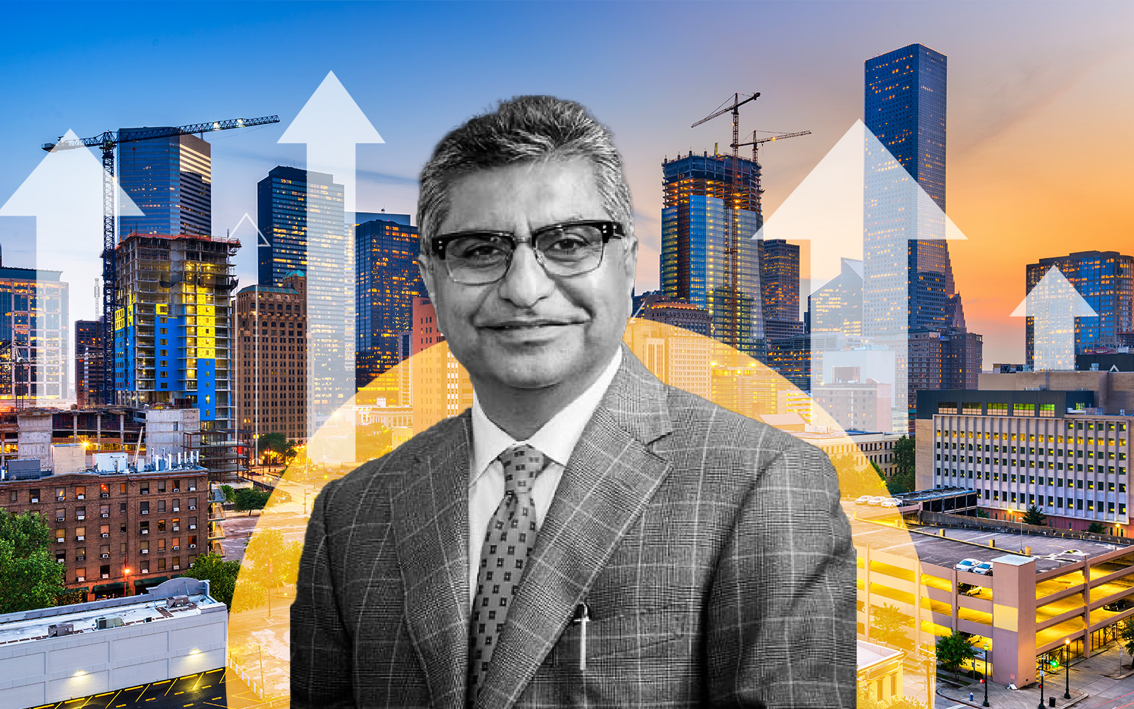 Dhanani Private Equity Group's Nick Dhanani and the City of Houston with up arrows
