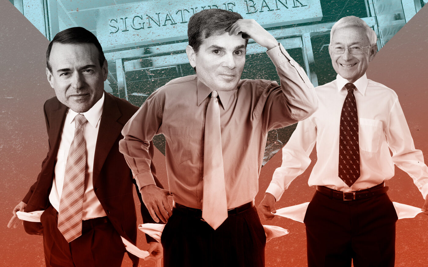 From left: Illustration of former Signature Bank executives Scott Shay, Joseph DePaolo and John Tamberlane