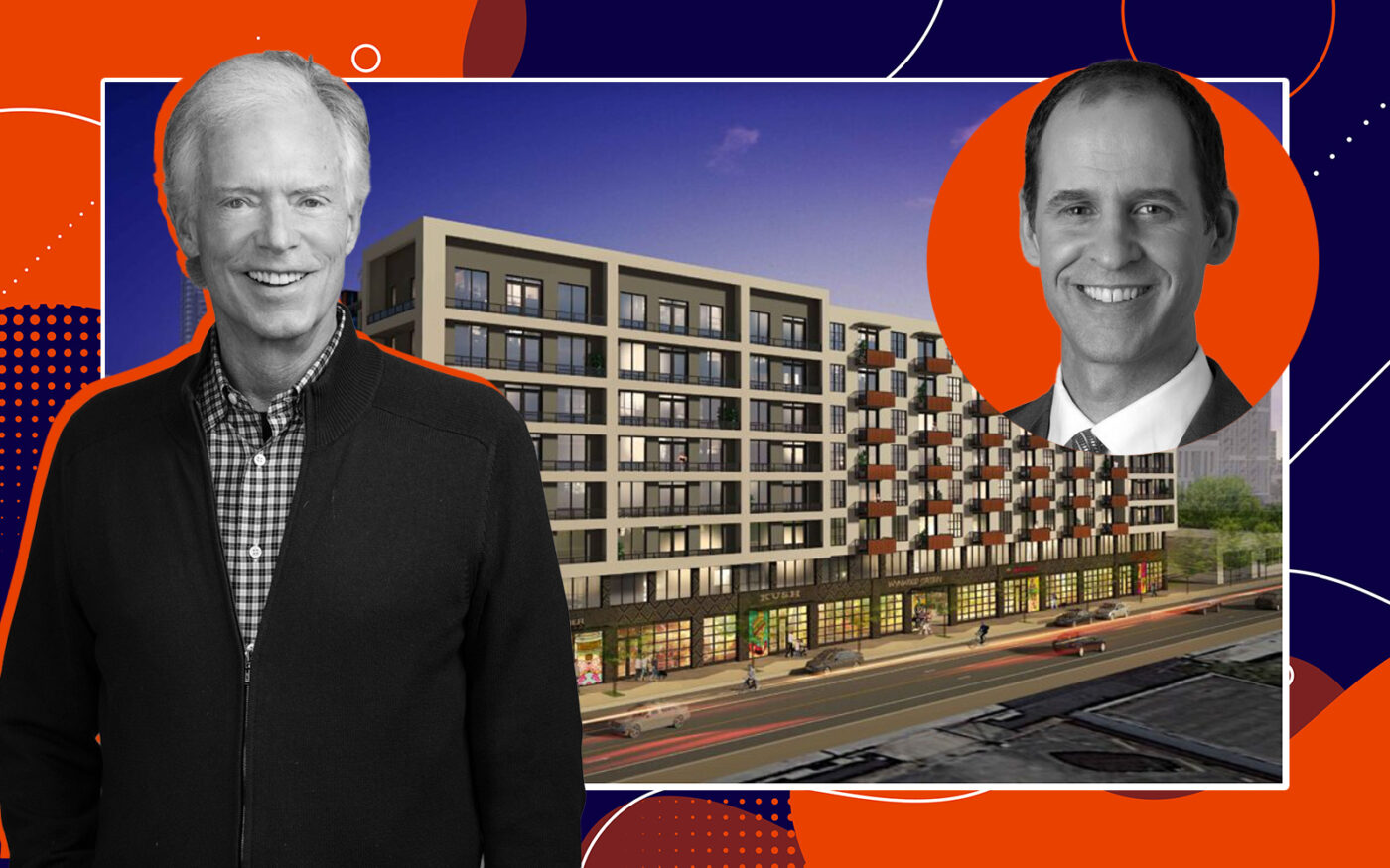 Fifield Companies’ Steve Fifield and PGIM Real Estate’s Eric Adler with a rendering of the development site at 45 Northeast 27th Street in Wynwood, Miami