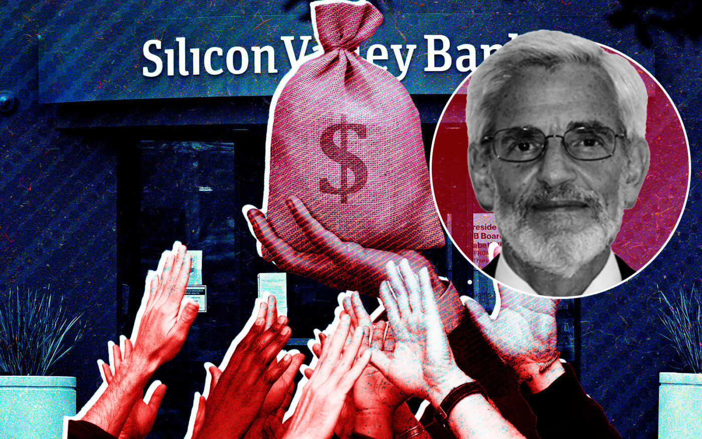 Judge Martin Glenn of the U.S. Bankruptcy Court Southern District of New York and Silicon Valley Bank with and hand holding a bag of money and other hands grabbing for it