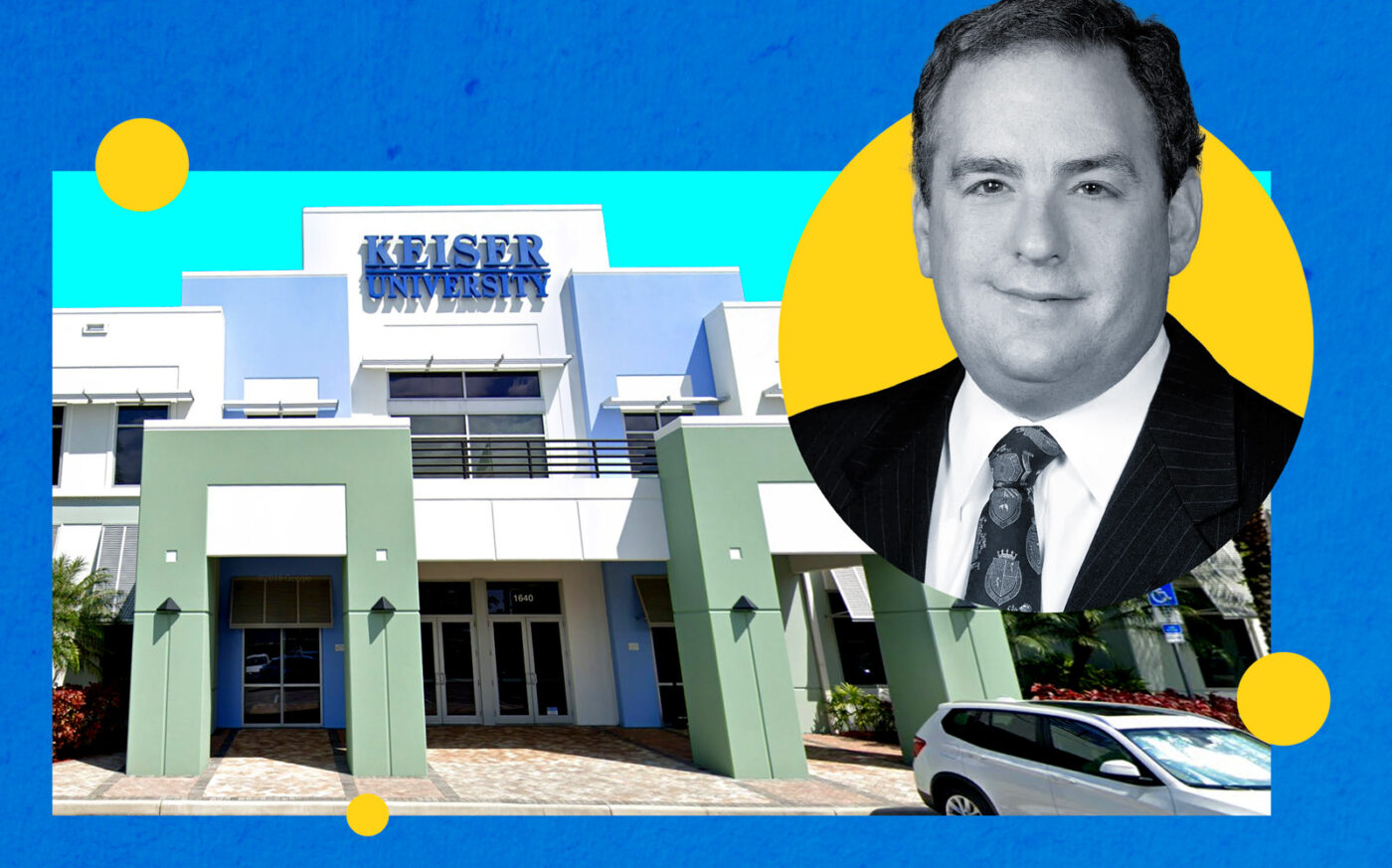 Everglades College's Arthur Keiser and the Keiser University building at 1640 Southwest 145th Avenue in Pembroke Pines