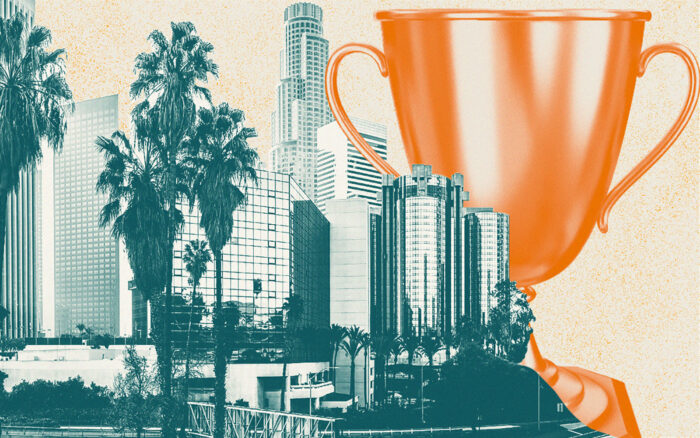 Los Angeles skyline; giant trophy
