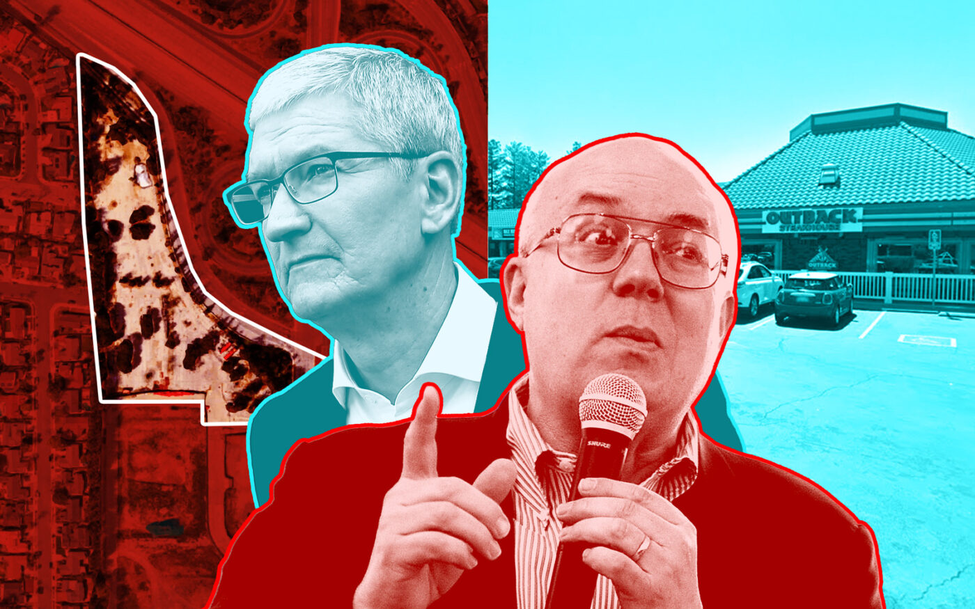Apple's Tim Cook and Santa Clara County Supervisor Joe Simitian with 10333 North Wolfe Road in Cupertino (left) and  10591 North  De Anza Boulevard (right)