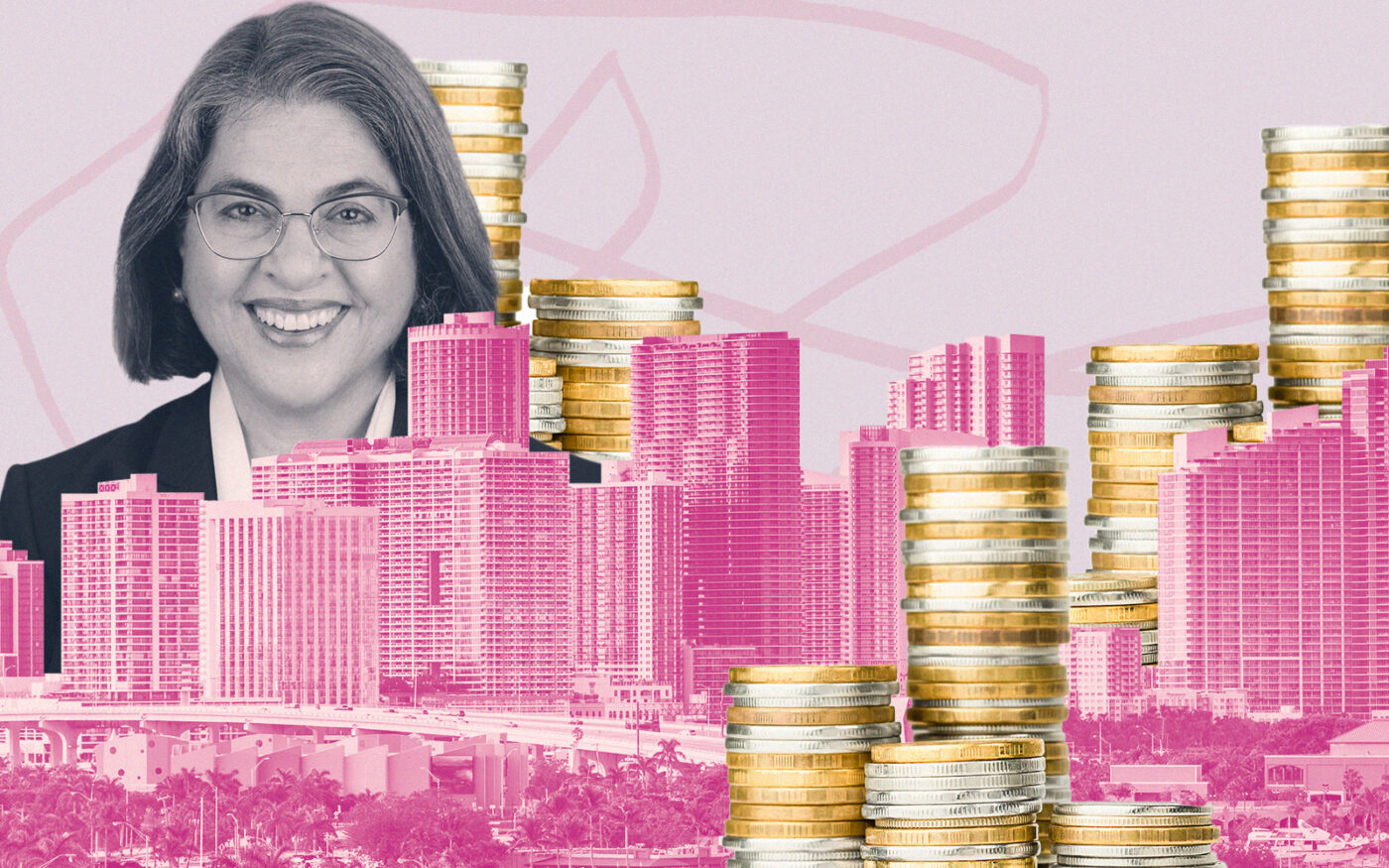 Miami-Dade County Mayor Daniella Levine Cava; Miami skyline; coins