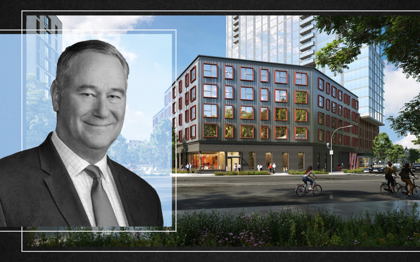 Structured Development's Mike Drew and a rendering of 869 West Blackhawk Street, Chicago