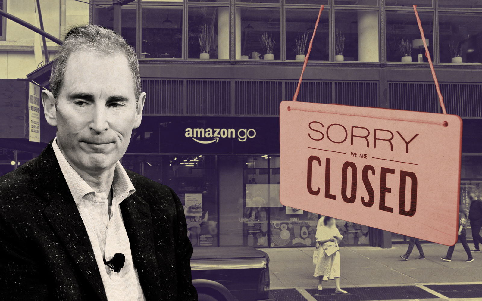 Amazon's Andy Jassy and Amazon Go location at 11 W 42nd Street (Google Maps, Getty)