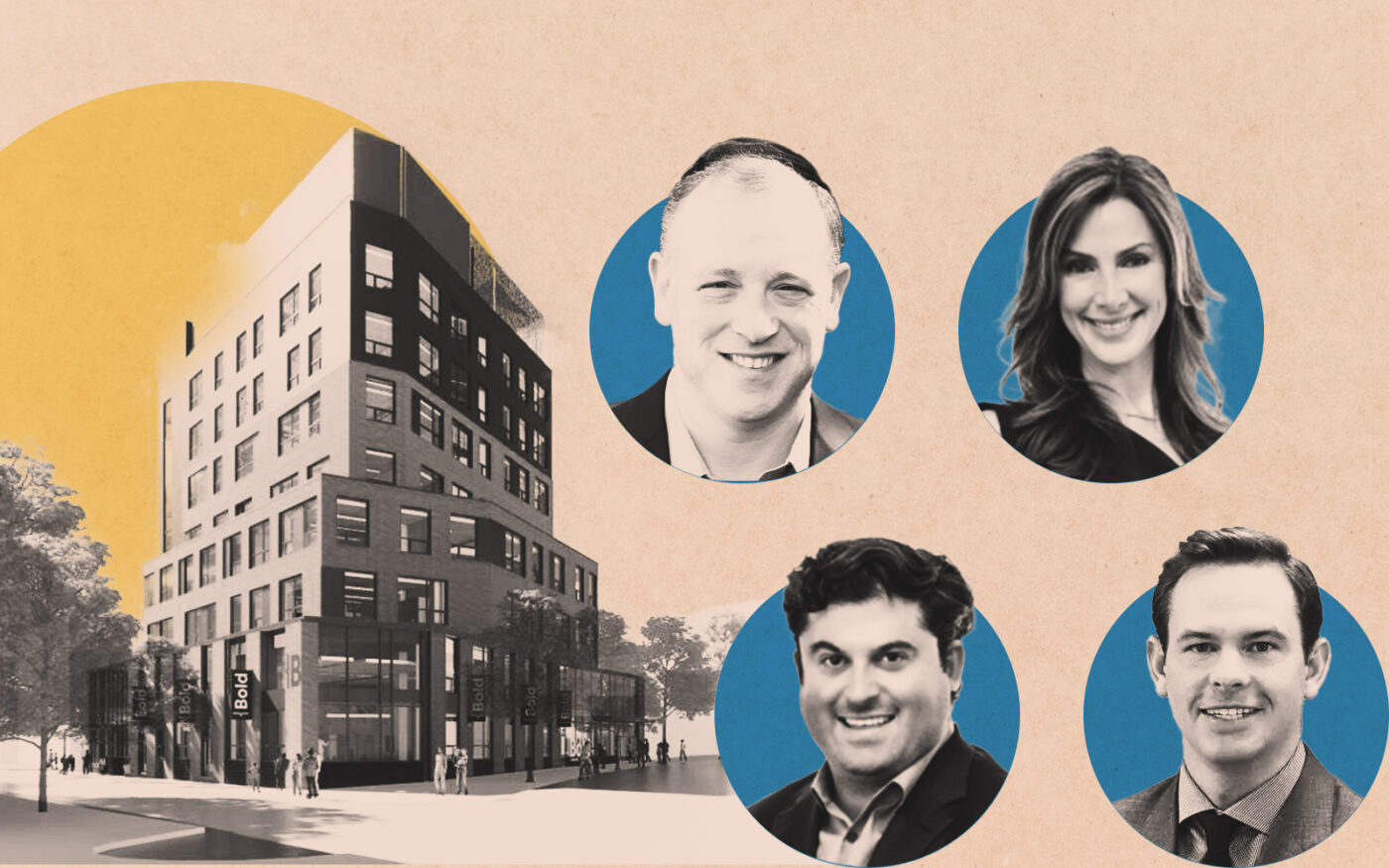 Locations Commercial Real Estate's Nick Zweig, OPEN Impact Real Estate's Lindsay Ornstein & Stephen Powers, Transwestern's Thomas Hines; rendering of Bold Charter School (Linkedin, Getty, OPEN Impact Real Estate, Transwestern)