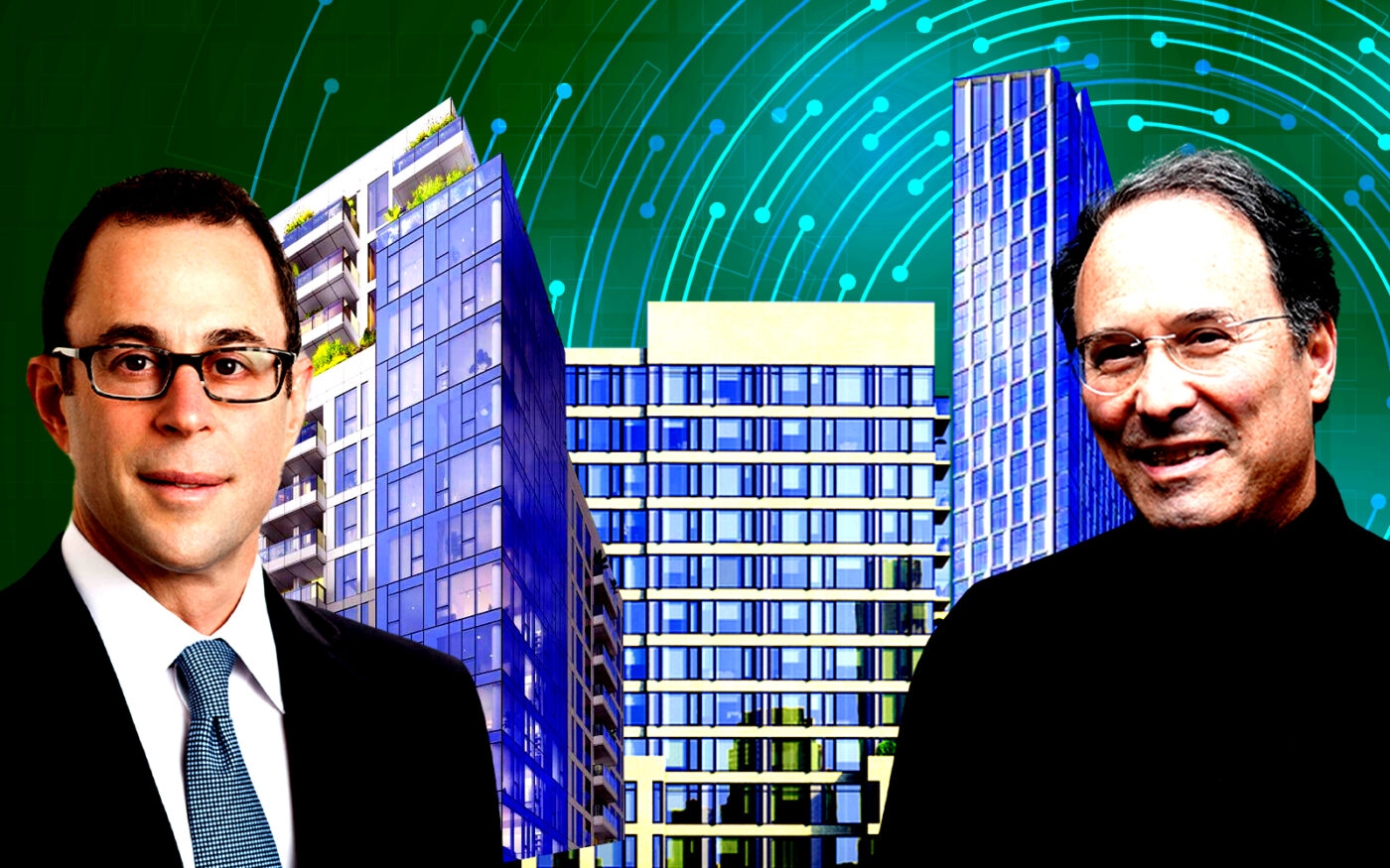 From left: Jeff Blau and Gary Barnett with 300 West 30th Street, 450 Washington, and 1 City Point