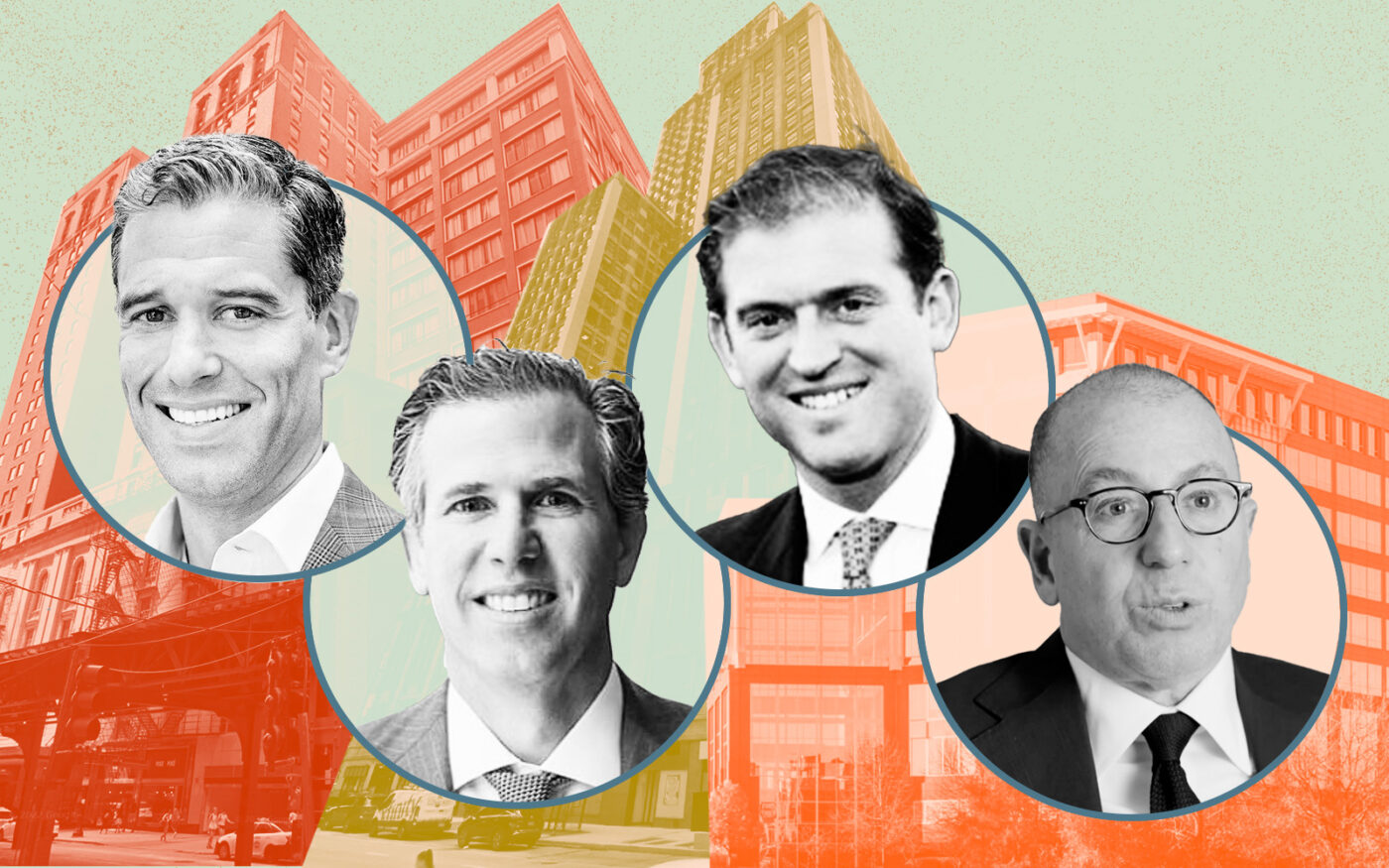 Lincoln Property Company's David Binswanger and Clay Duvall, AmTrust Real Estate's Jonathan Bennett and Thor Equities' Joe Sitt with Palmer House Hilton Chicago, Field Building and Central Park of Lisle