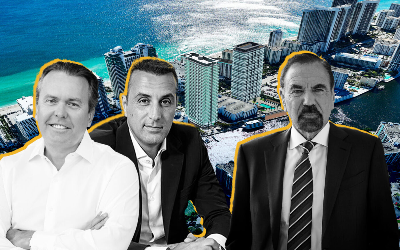 A rendering of the proposed towers at the Diplomat Landings site with Trinity CEO Sean Hehir, BH Group’s Isaac Toledano and Related CEO Jorge Pérez