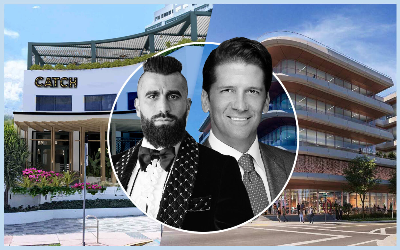 Rendering of Catch restaurant with Black Lion's Robert Rivani and a rendering of the Sunset Harbor mixed-use project with Boich Investment’s Wayne Boich