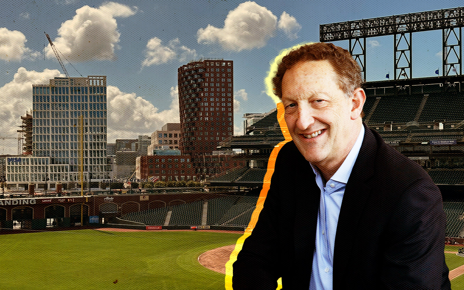 San Francisco Giants' Larry Baer; The Canyon apartment building and the Visa World Headquarters as seen from Oracle Park (Photos by Emily Landes for The Real Deal, Getty)