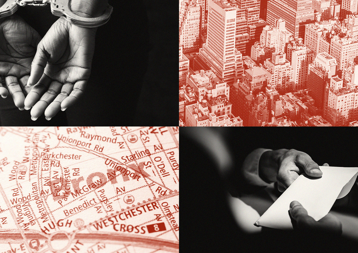 Handcuffed hands; New York City, map of the Bronx, hands exchanging paper