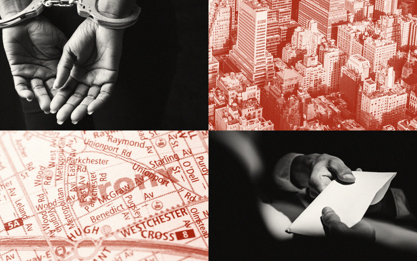 Handcuffed hands; New York City, map of the Bronx, hands exchanging paper