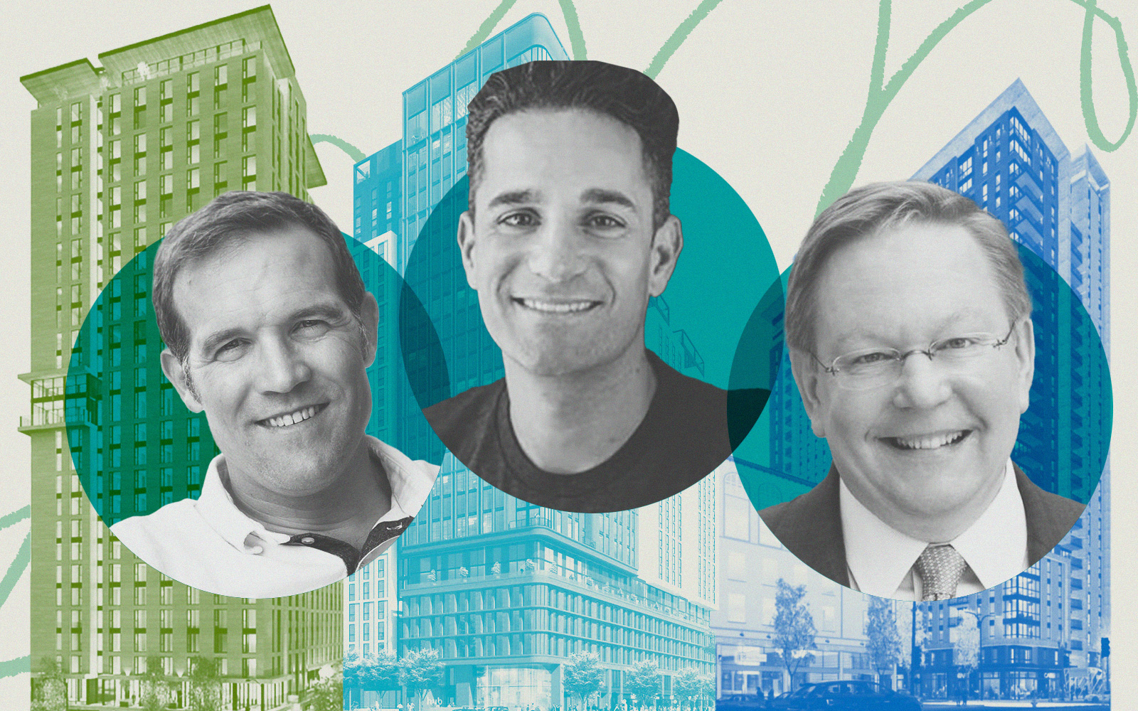 NX Venture’s Nathan George, Core Spaces' Marc Lifshin and PGIM's David Hunt with rendering of 1998 Shattuck Avenue, 2128 Oxford Street and 2190 Shattuck Avenue