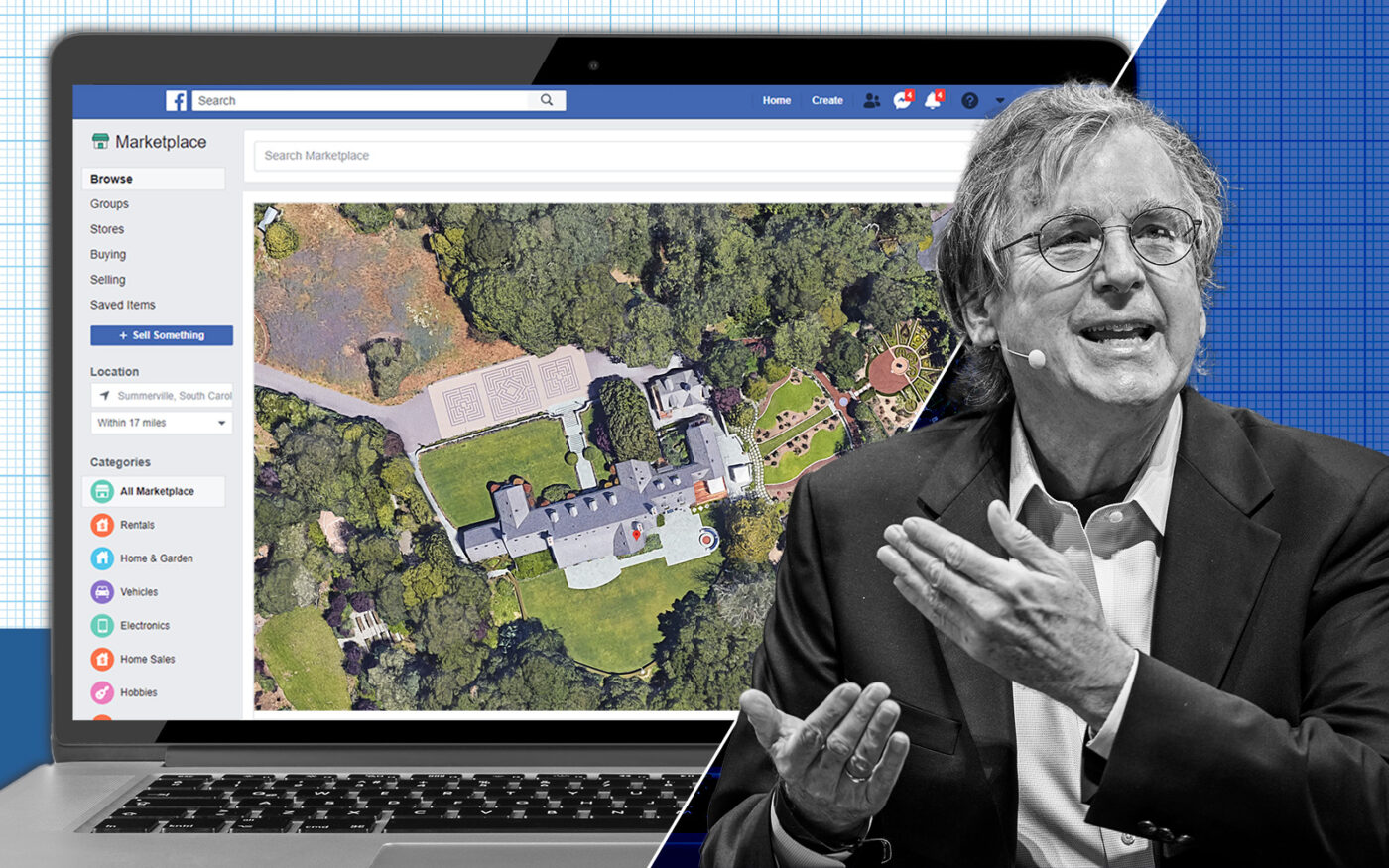 Laptop with a facebook marketplace listing for 300 Olive Hill Lane in Woodside with early facebook investor and Elevation Partners founder Roger McNamee