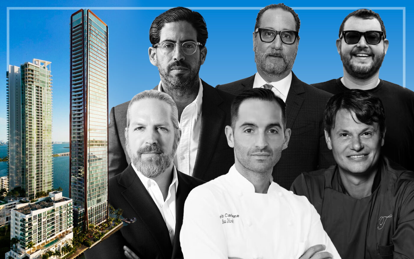 Terra's David Martin, One Thousand Group's Louis Birdman and Major Food Group's Jeff Zalaznick, One Thousand Group's Kevin Venger, Major Food Group's Mario Carbone and Rich Torrisi with a rendering of The Villa project at 710 Northeast 29th Street in Edgewater