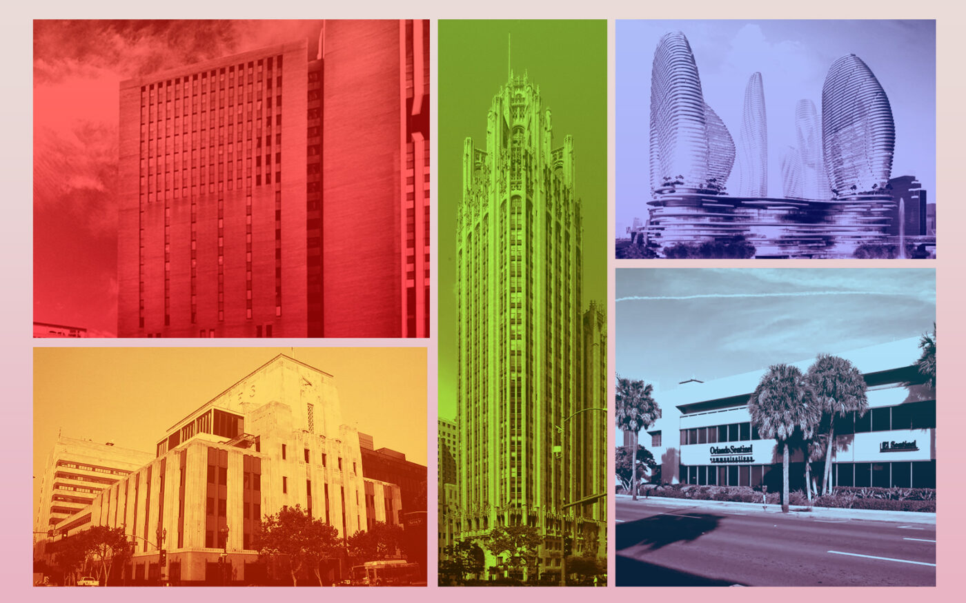 Clockwise from top left: 4 New York Plaza in New York, Tribune Tower in Chicago, a rendering of Resorts World Miami, The Orlando Sentinel at 610 North Orange Avenue in Miami, and the Times Mirror Square complex in Los Angeles