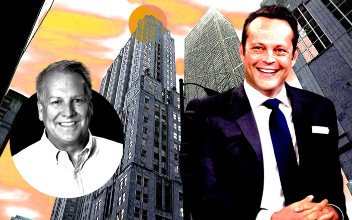 From left: Coldwell Banker's Brian Loomis and Vince Vaughn with 159 E Walton Place (Getty, Coldwell Banker, Gold Coast Realty Chicago)