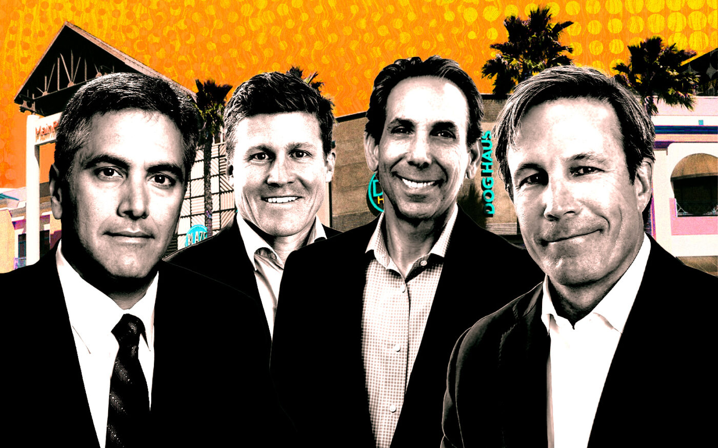 From left: USAA Real Estate's Len O'Donnell; Montgomery Street Partners' Max Lamont; Centennial Real Estate's Steven Levin; and Montgomery Street Partners' Murray McCabe; with 2800 North Main Street in Santa Ana (Getty, USAA Real Estate, Montgomery Street Partners, LoopNet)