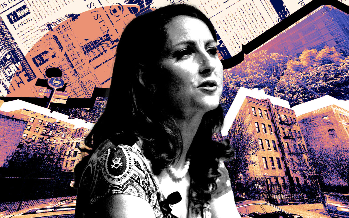 A photo illustration of Success Academy Charter Schools’ Eva Moskowitz with 153-01/02/03/10/12 Hillside Avenue (front/bottom) and 87-77/81/73/65 153rd Street (back/top) in Jamaica, Queens (Getty, Google Maps)