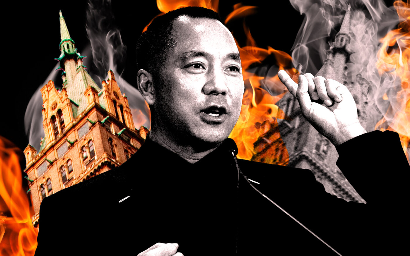 A photo illustration of Guo Wengui and 781 Fifth Avenue (Getty, Tony Hisgett; cropped by Beyond My Ken, CC BY 2.0 - via Wikimedia Commons)