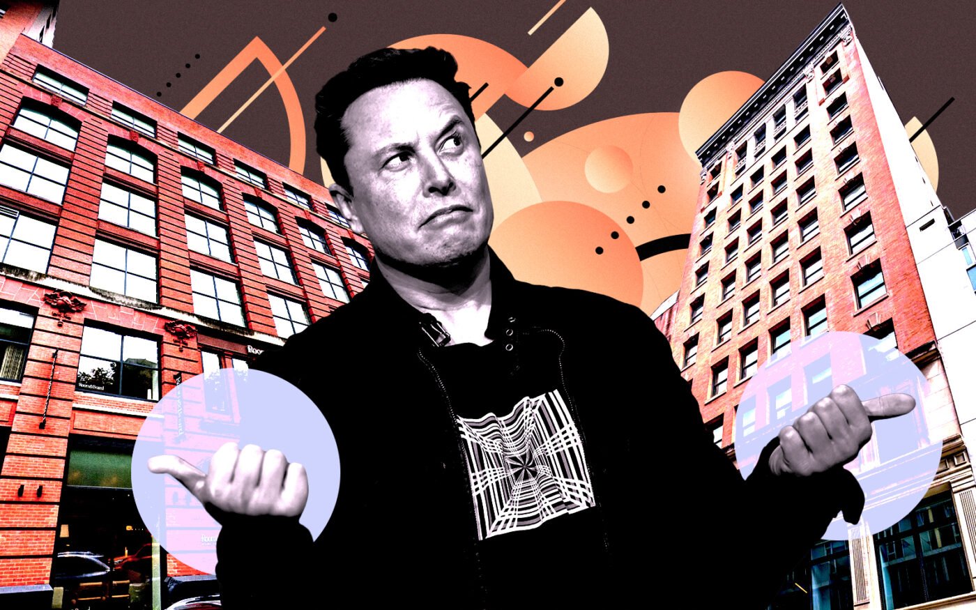 Elon Musk with 249 West 17th Street (left) and 245 West 17th Street (right) (Getty, Google Maps, VTS Marketplace)