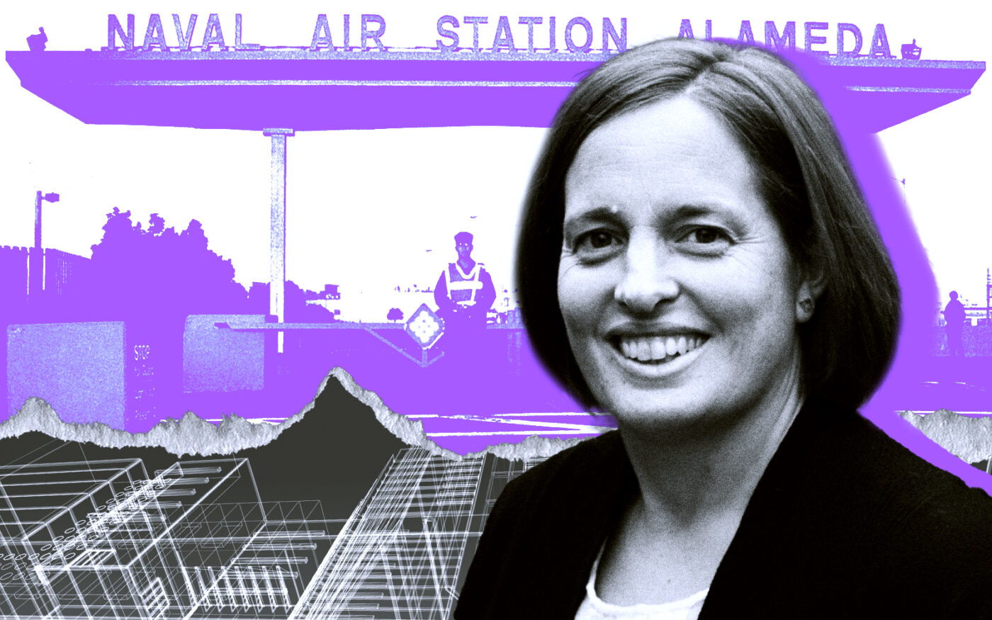 A photo illustration of Island City Development's Vanessa Cooper and the former naval air station in Alameda (Getty, Alameda Point)
