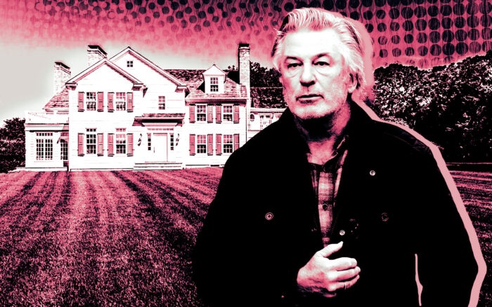 A photo illustration of Alec Baldwin and 335 Town Lane in Amagansett, Long Island (Getty, Hamptons Real Estate)