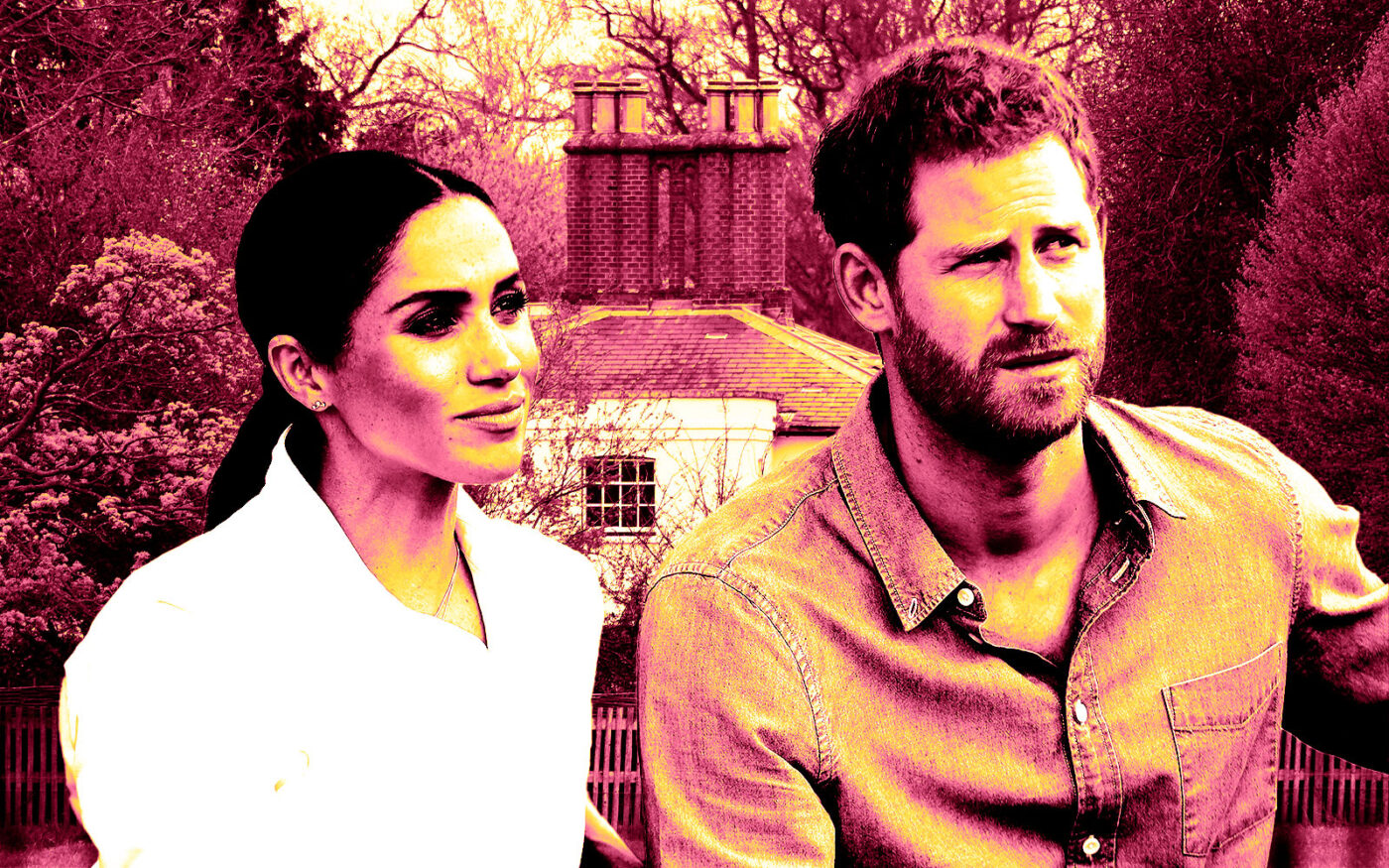 A photo illustration of Meghan Markle, Prince Harry and the Frogmore Cottage (Getty)