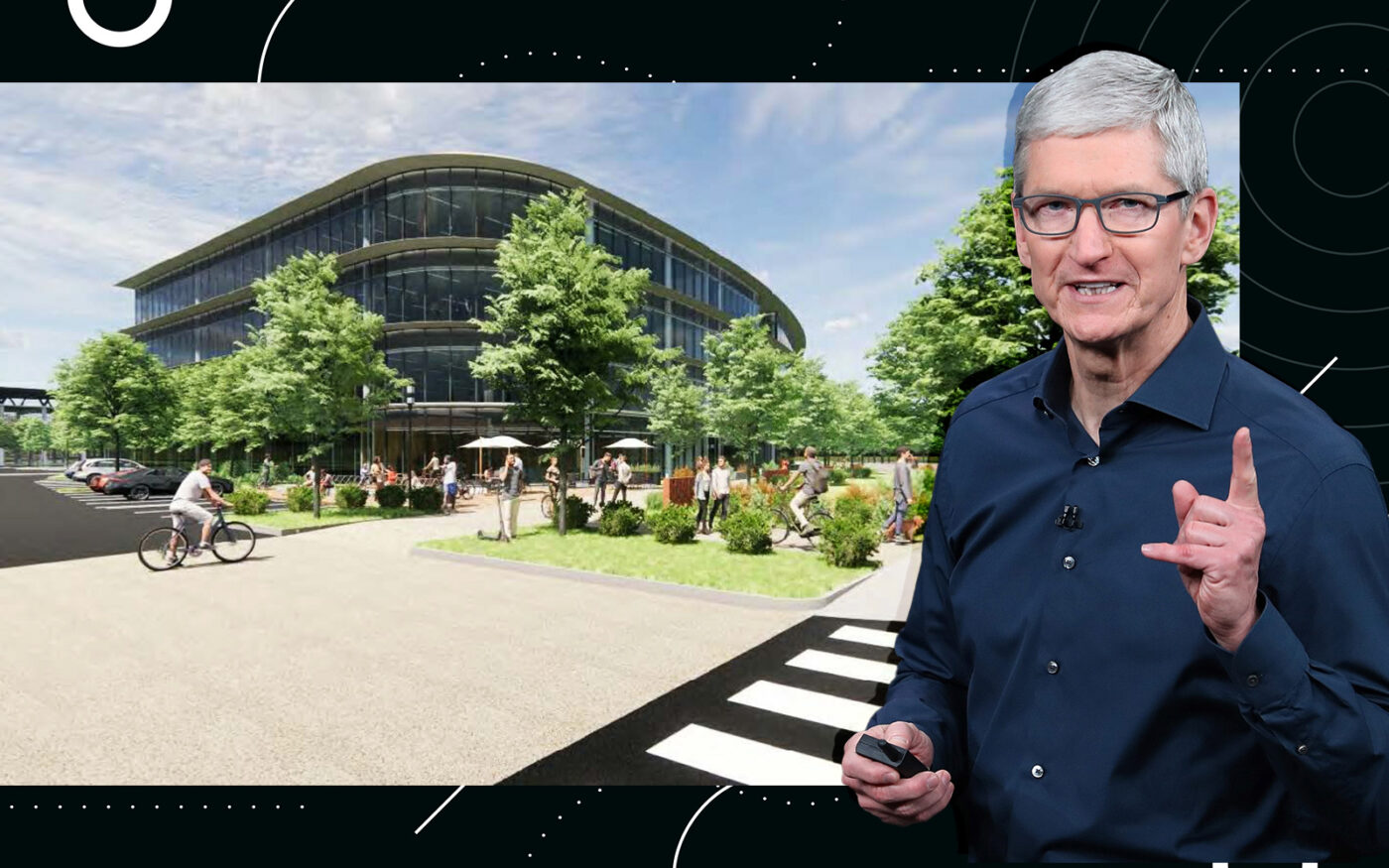 Apple's Tim Cook and Renderings of plans for 19191 Vallco PKWY in Cupertino