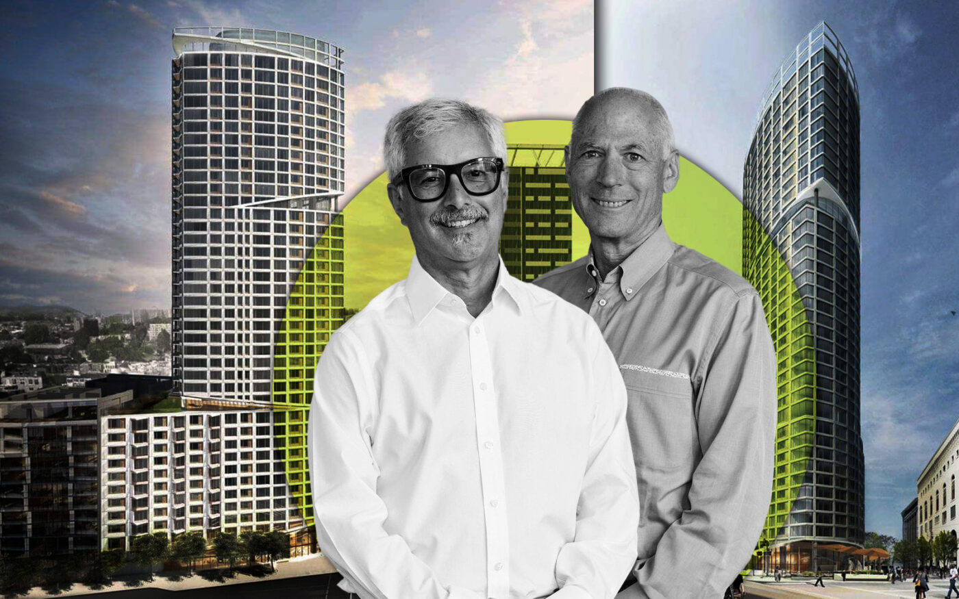 Build Inc.'s Lou Vasquez and Loring Sagan with rendering of plans for 1500 Market Street in San Francisco