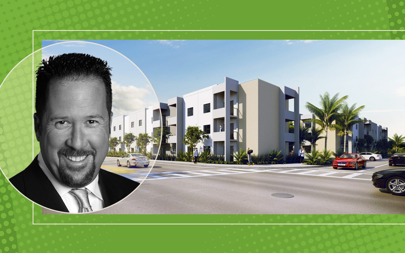 Prestige Companies’ Marty Caparro and renderings of Station 21 Lofts at 102 East 21st Street in Hialeah