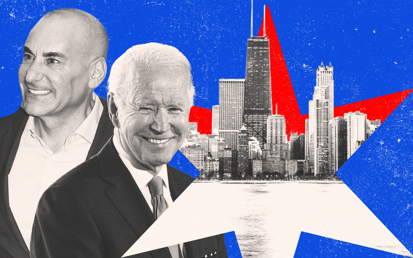 Illinois Restaurant Association's Sam Toia and President Joe Biden with the Chicago skyline