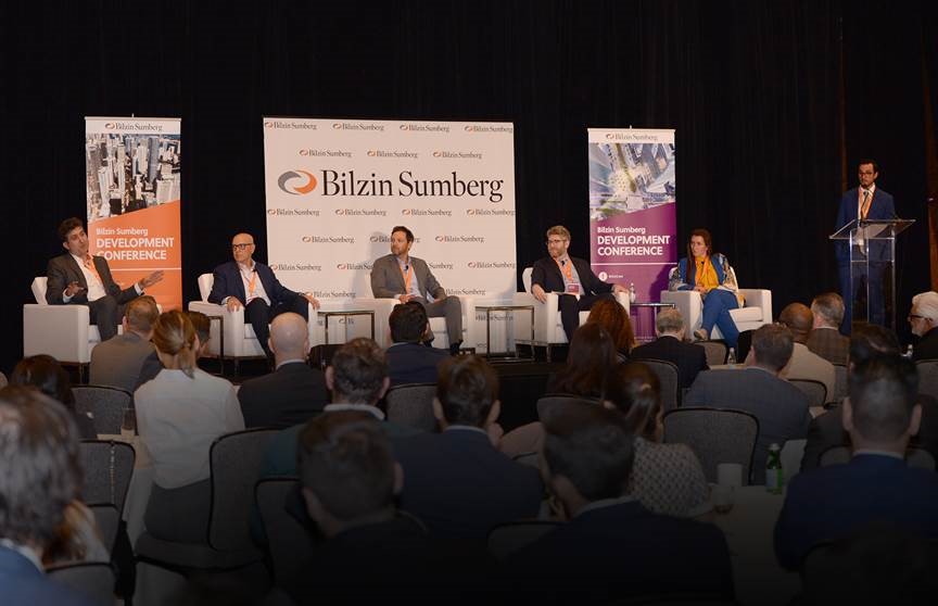 Jake Greenberg moderates a panel of experts including Ben Gerber, Erin Spears, P. James Mehalso, Joshua Patinkin, and David Resnick during the Real Estate Joint Venture panel at the Bilzin Sumberg Development Conference.