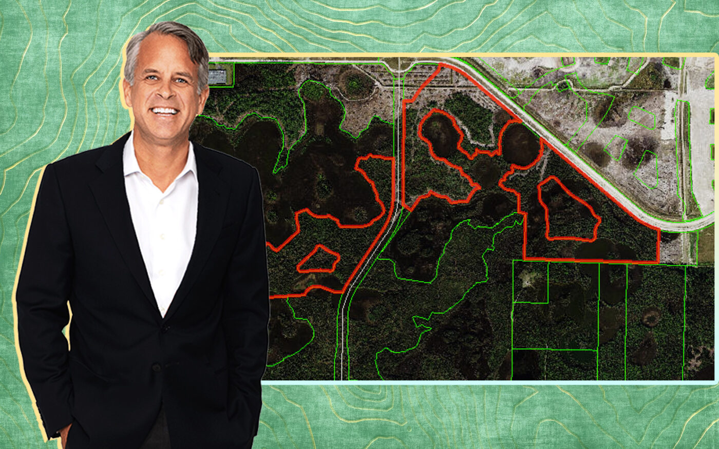 Kolter Group’s Bobby Julien and an aerial of the site that Kolter acquired at the Avenir master-planned community in Palm Beach Gardens