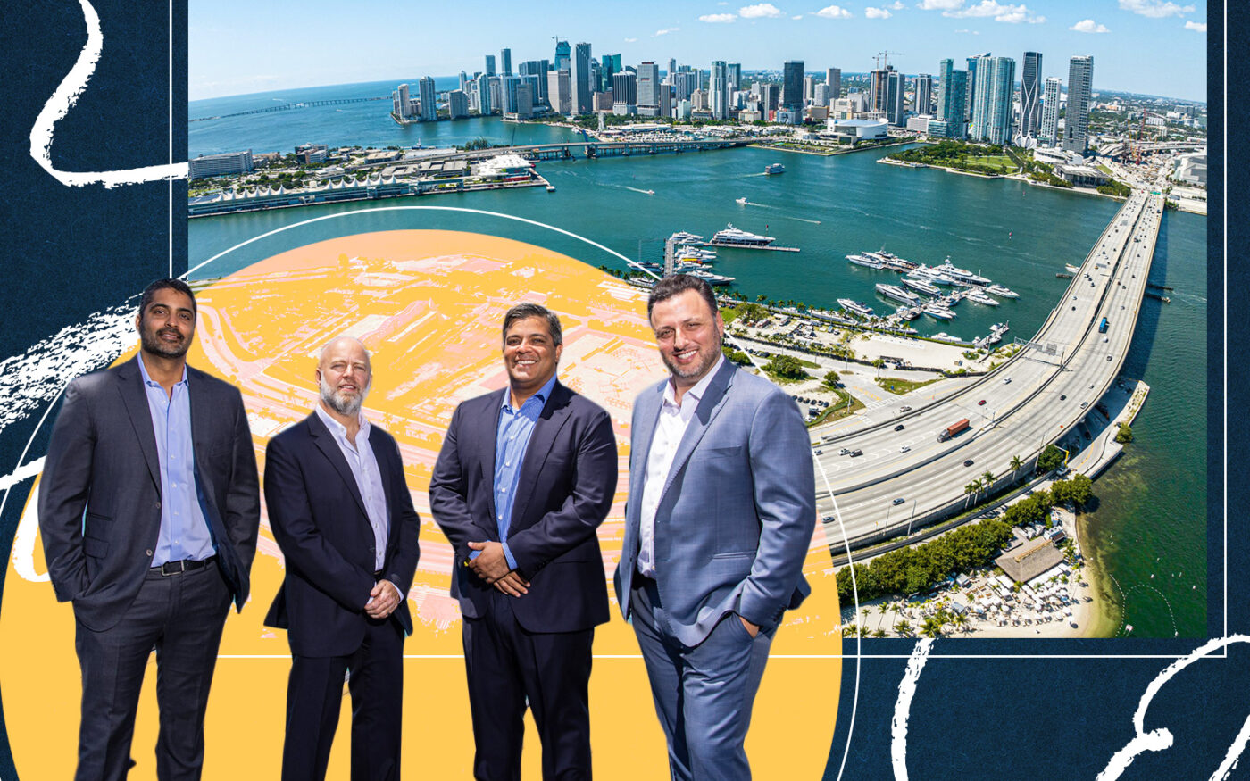 Nitin Motwani, Daniel Lebohnson, Dev Motwani and Greg Freedman with the aerial of the 11 acres on Miami’s Watson Island