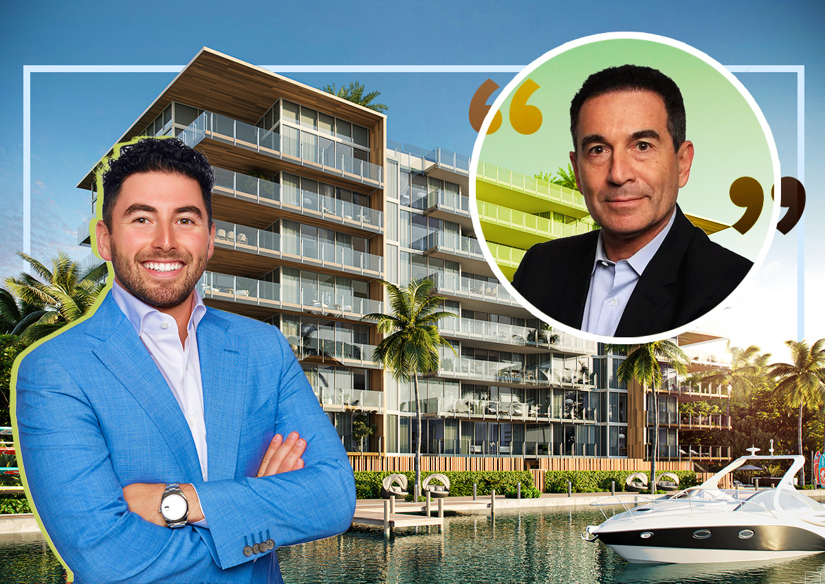 (R-L) Regency Development Group’s Alex Troyanovsky and Michael Troyanovsky with Renderings of the Bay Harbor Islands condos