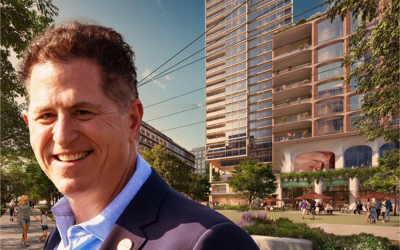 Michael Dell and rendering of mixed-use development project (Knox Street Dallas, Getty)