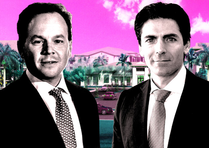 From left: Rockpoint’s Keith Gelb and Mast Capital’s Camilo Miguel Jr. with a rendering of 264-unit garden-style complex at 2085 South Congress Avenue in Palm Springs (Mast Capital, Getty, Rockpoint)