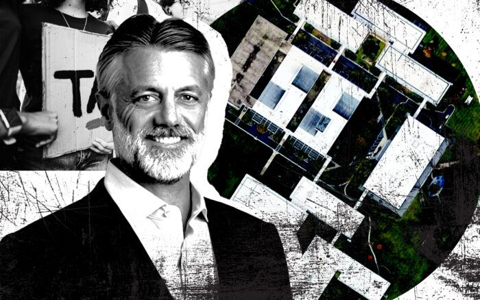 Bridge Industrial’s Steve Poulos and the Baxter HQ campus at 1 Baxter Parkway (Getty, Bridge Industrial, Google Maps)